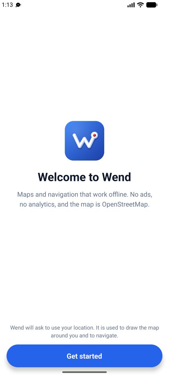 Wend's welcome screen on a phone: the app icon, Welcome to Wend, and a Get started button.