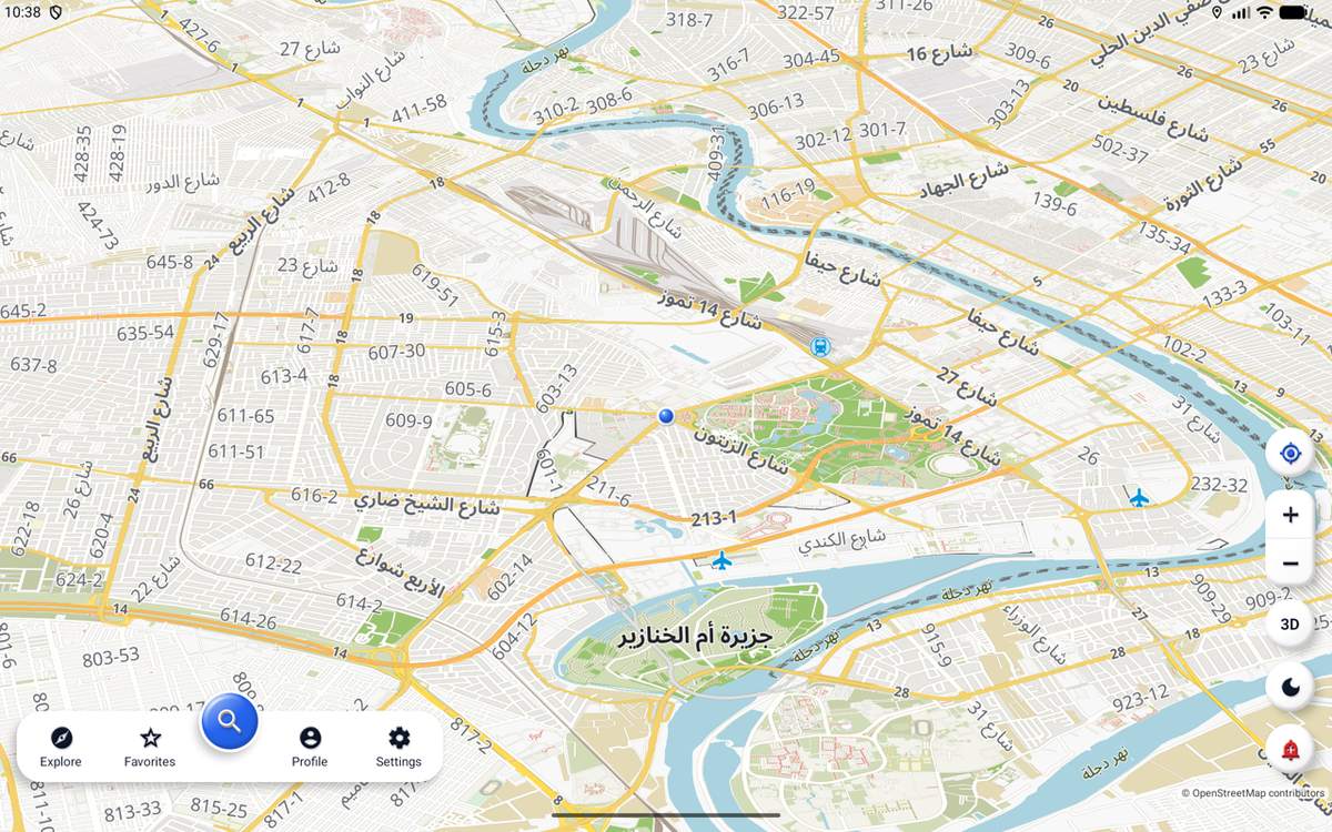 Wend's map of central Baghdad on a tablet, with street names in Arabic, the Tigris, and the map buttons, 3D among them, down the side.
